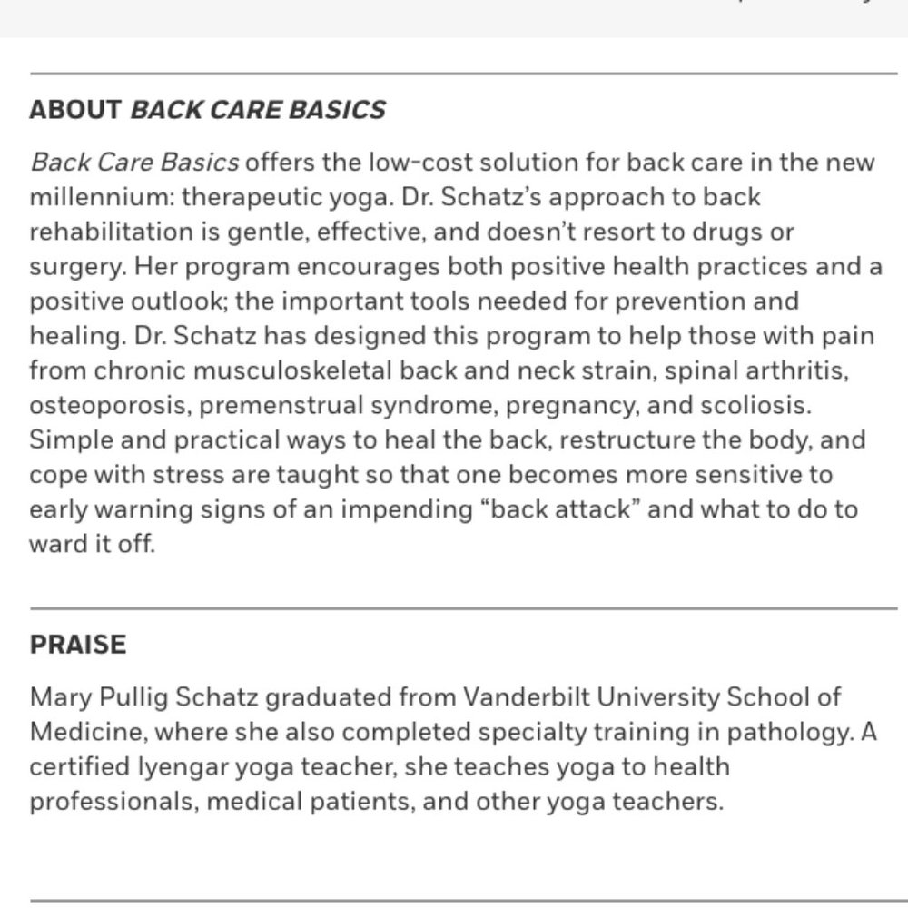 YOGA BOOK BACK CARE BASICS Mary Pullig Schatz NEW NWOT - Picture 2 of 7